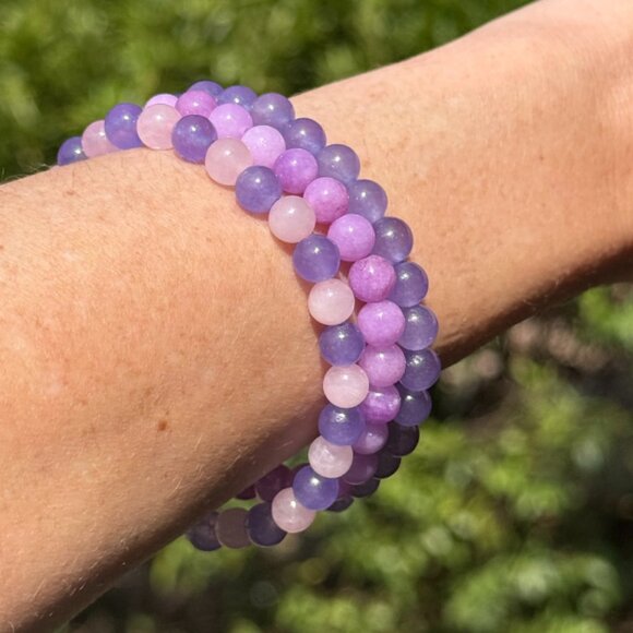 Purple Gemstone Bracelet Set (3) – 6MM Rose Quartz, Lepidolite, Purple Jade - Picture 7 of 10
